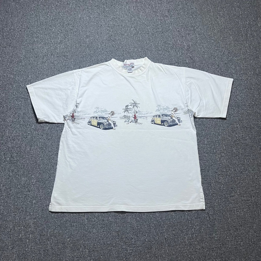 Vintage Boca Classics T Shirt Large White Beach Woodie Wagon Pinup AOP 90s